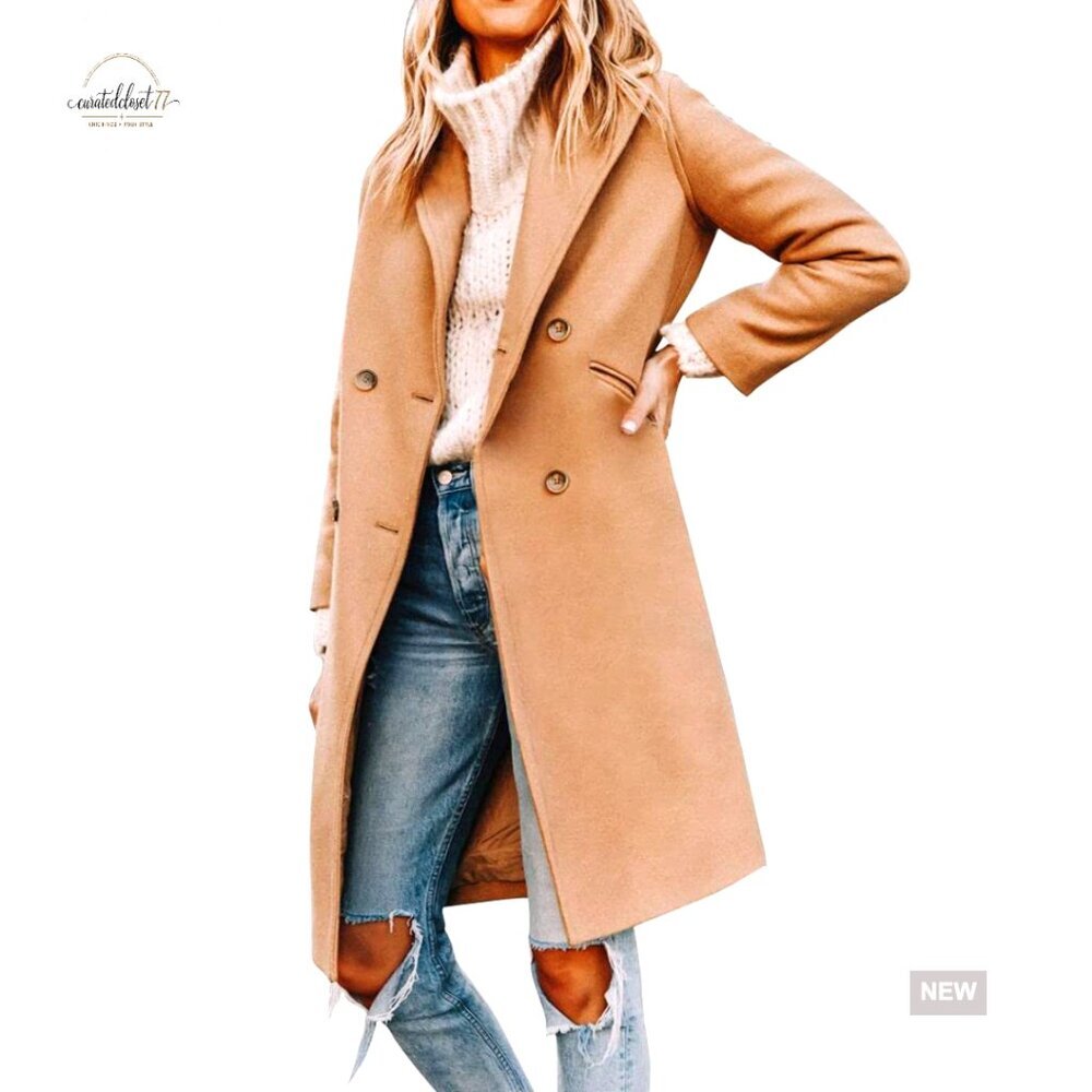 Long Wool Blend Pea Coat Double Breasted Notched Lapel Winter Coat